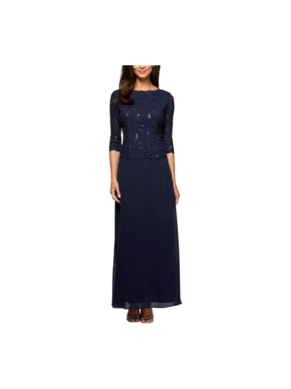 ✨Alex Evenings Sequin Embellished Lace Top Gown Dress 14 NWT Navy